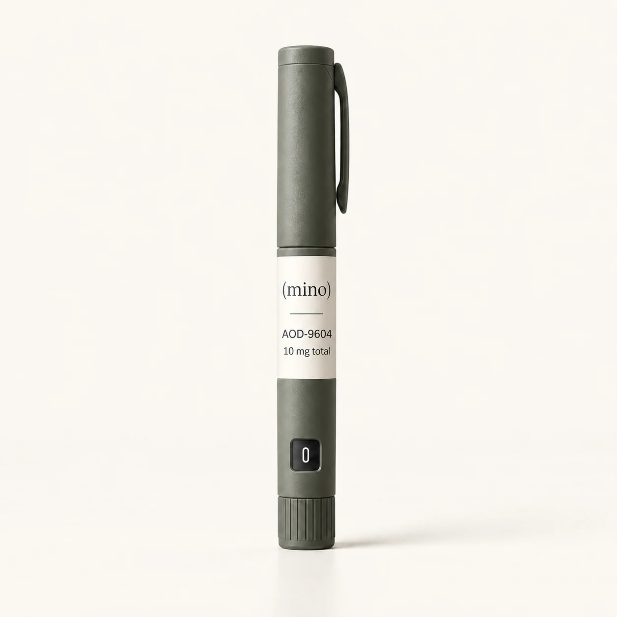 Mino AOD-9604 10 mg prefilled dosing pen, photographed against a plain studio backdrop.