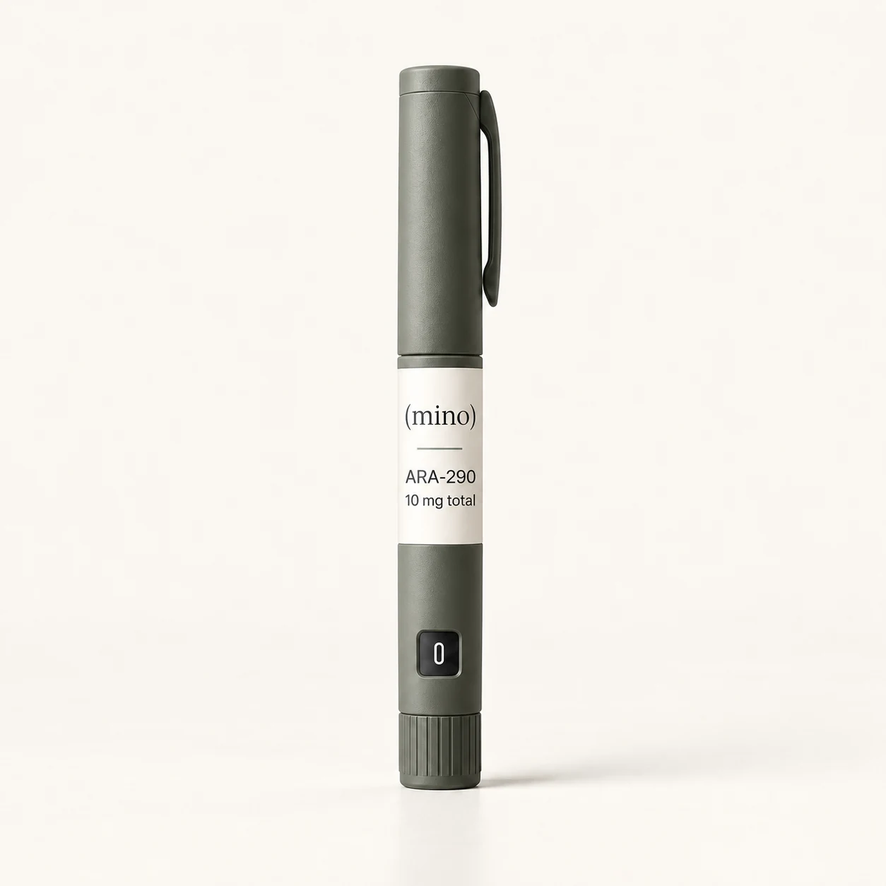 Mino ARA-290 10 mg / 10 mL prefilled dosing pen, photographed against a plain studio backdrop.