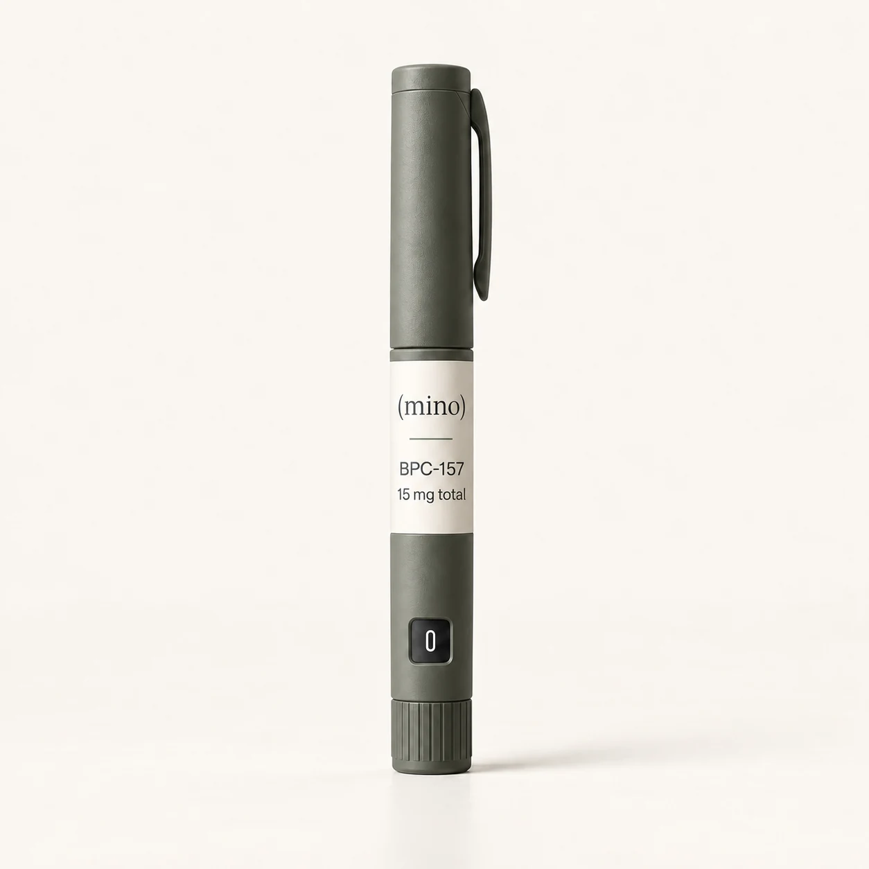 Mino BPC-157 15 mg prefilled dosing pen, photographed against a plain studio backdrop.