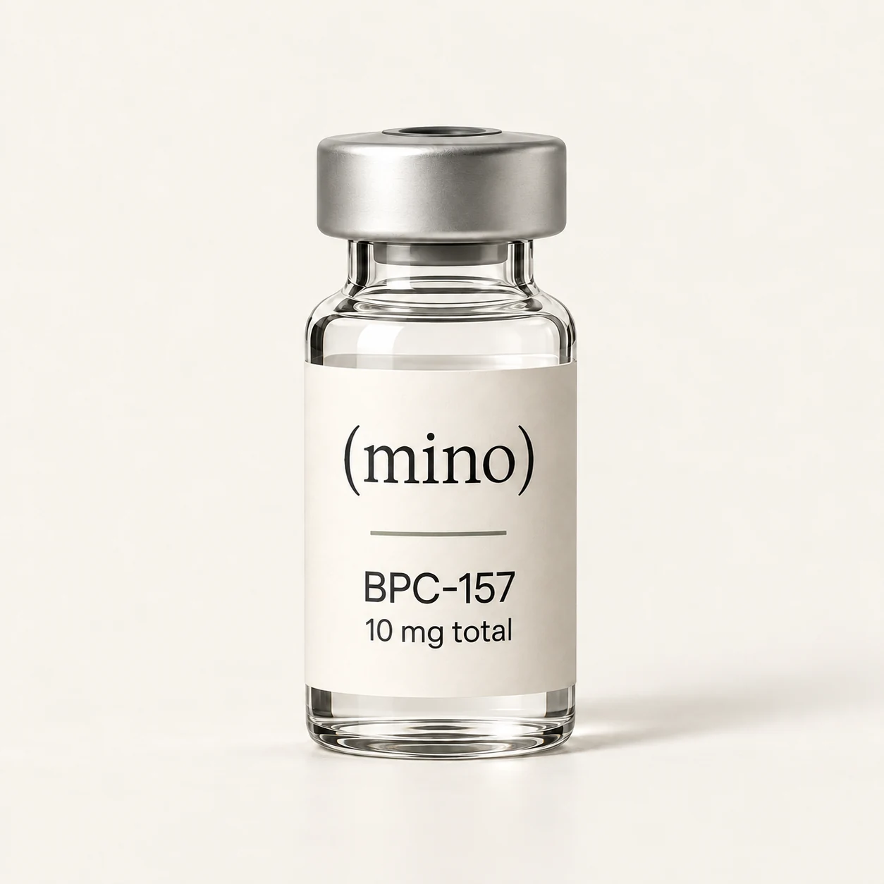 Mino BPC-157 10 mg single-patient vial, photographed against a plain studio backdrop.