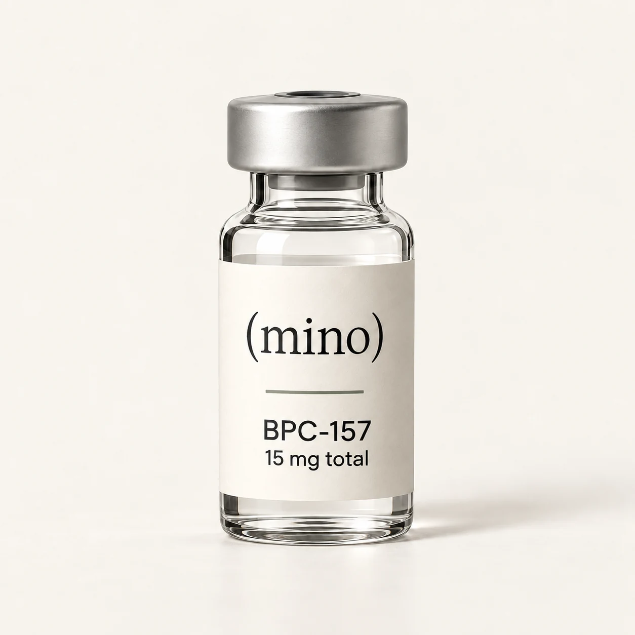 Mino BPC-157 15 mg single-patient vial, photographed against a plain studio backdrop.