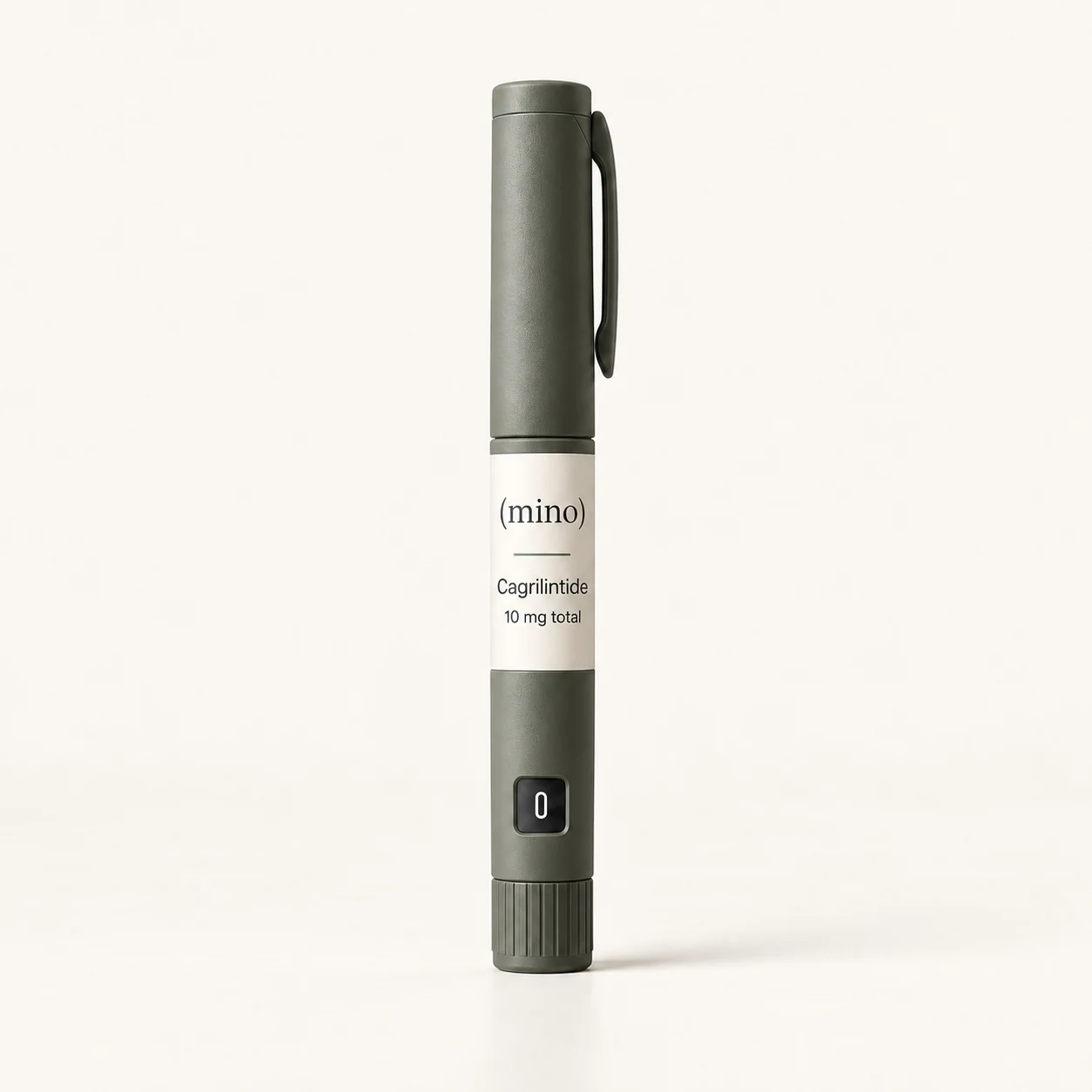 Mino Cagrilintide 10 mg prefilled dosing pen, photographed against a plain studio backdrop.