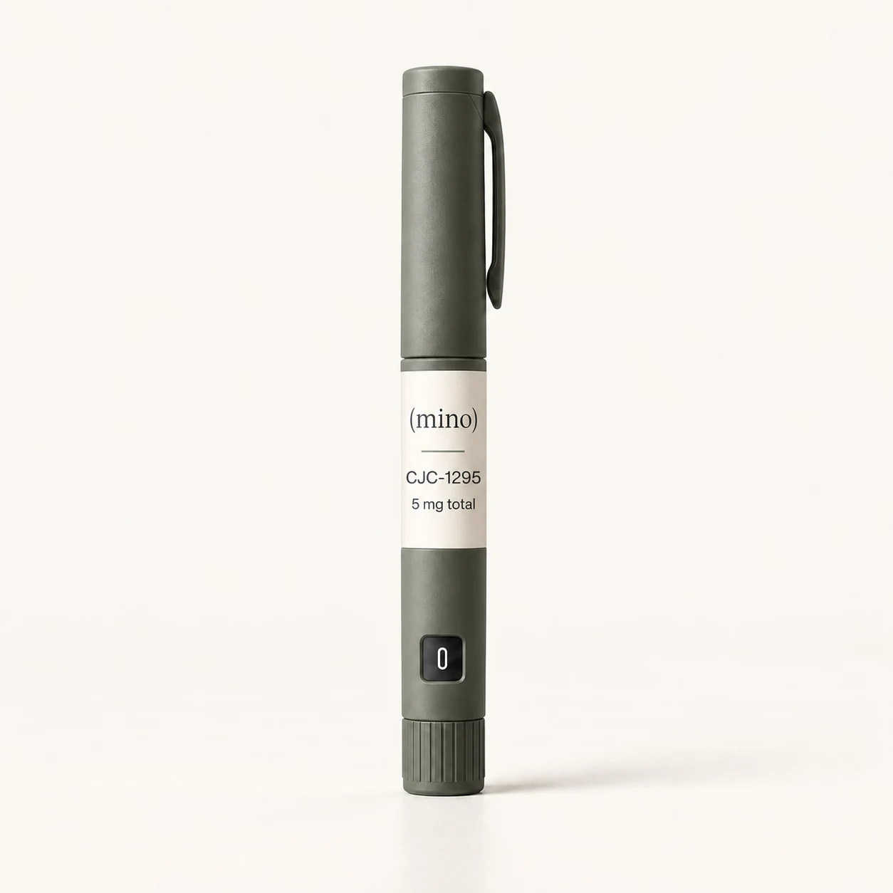 Mino CJC-1295 5 mg prefilled dosing pen, photographed against a plain studio backdrop.
