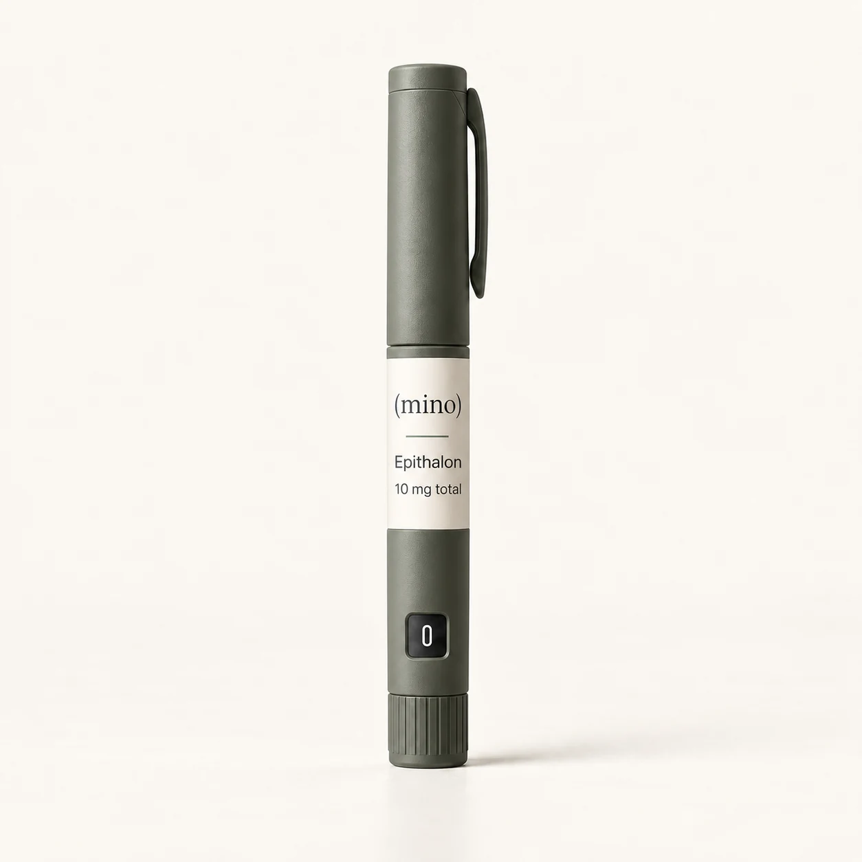 Mino Epithalon 10 mg prefilled dosing pen, photographed against a plain studio backdrop.