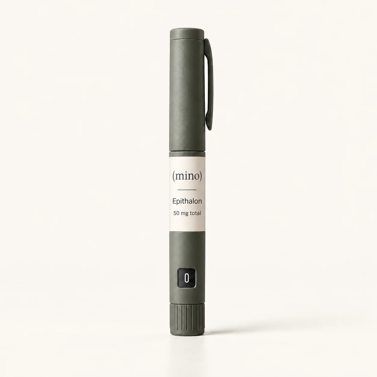Mino Epithalon 50 mg prefilled dosing pen, photographed against a plain studio backdrop.