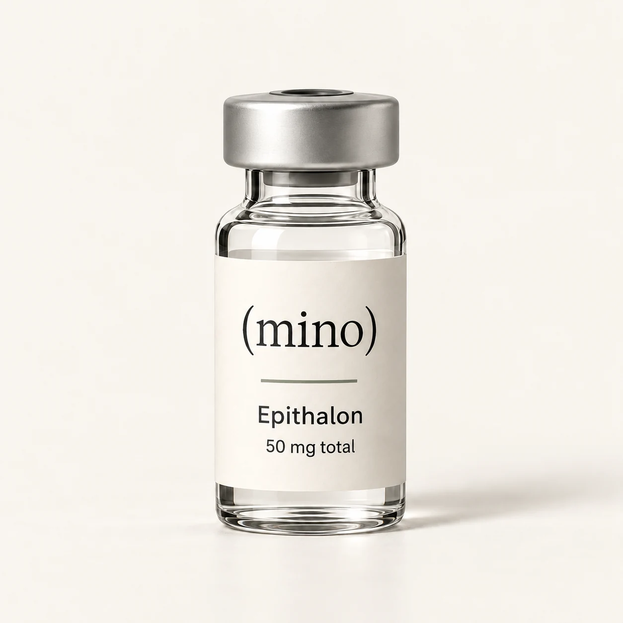 Mino Epithalon 50 mg single-patient vial, photographed against a plain studio backdrop.