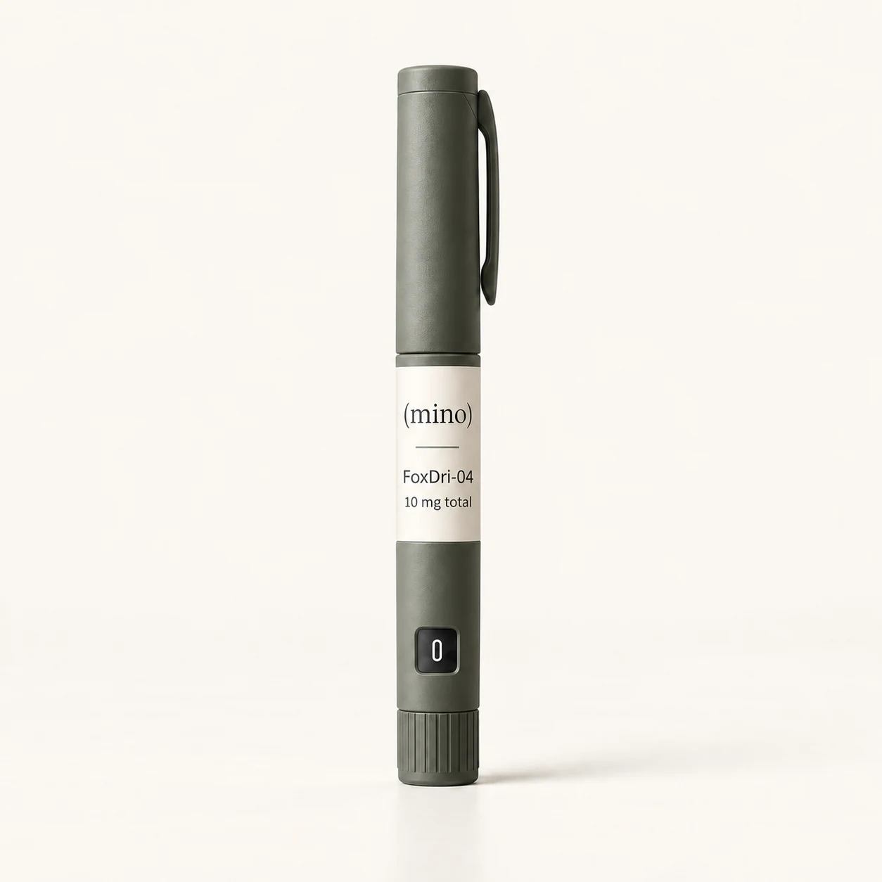 Mino FoxDri-04 10 mg prefilled dosing pen, photographed against a plain studio backdrop.