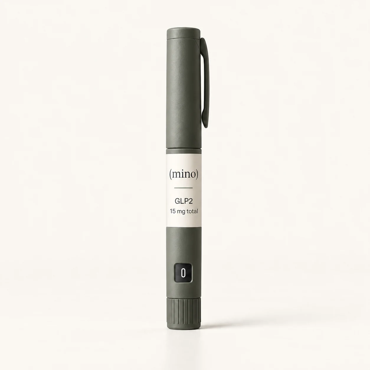 Mino GLP3-RT 15 mg prefilled dosing pen, photographed against a plain studio backdrop.