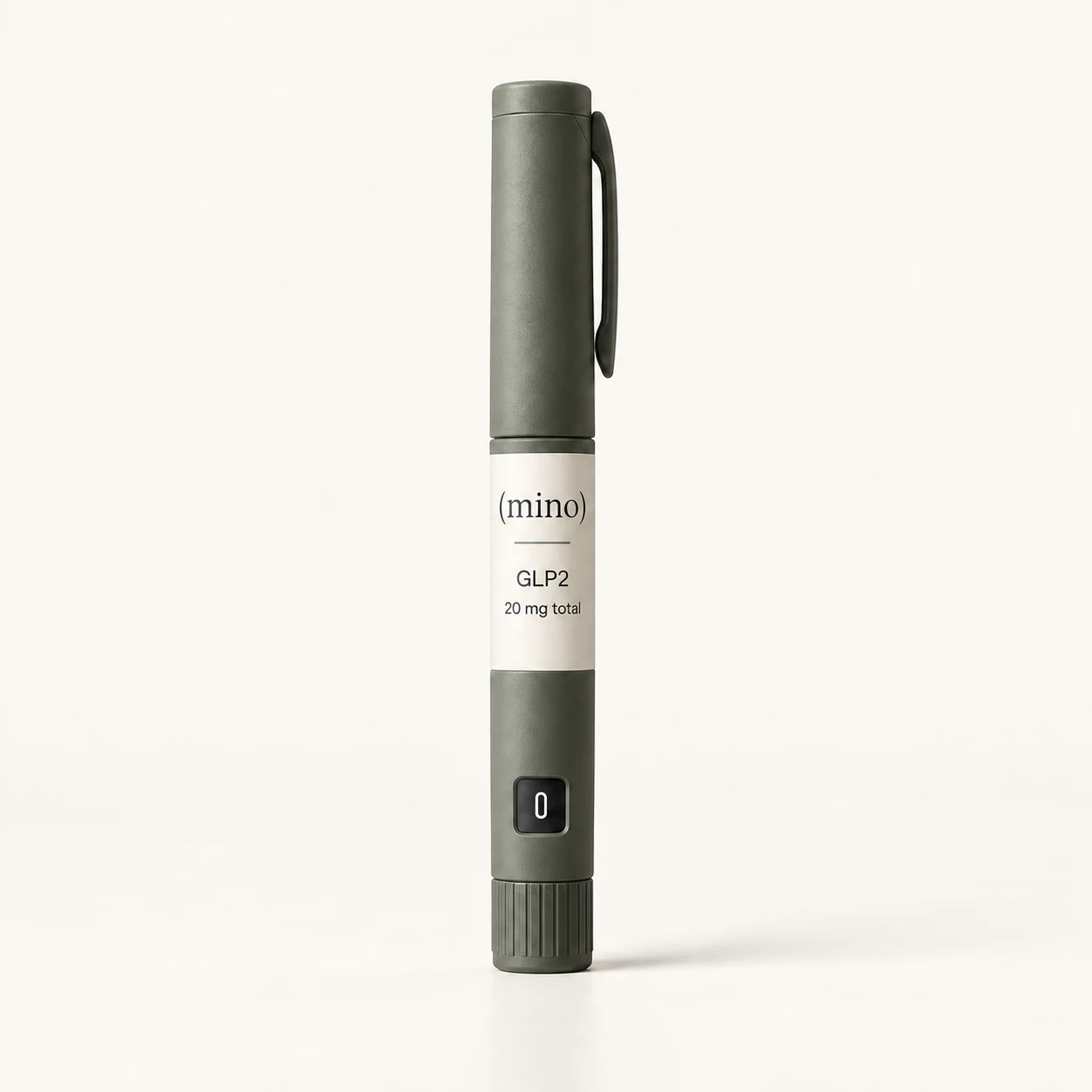 Mino GLP2-T 20 mg prefilled dosing pen, photographed against a plain studio backdrop.