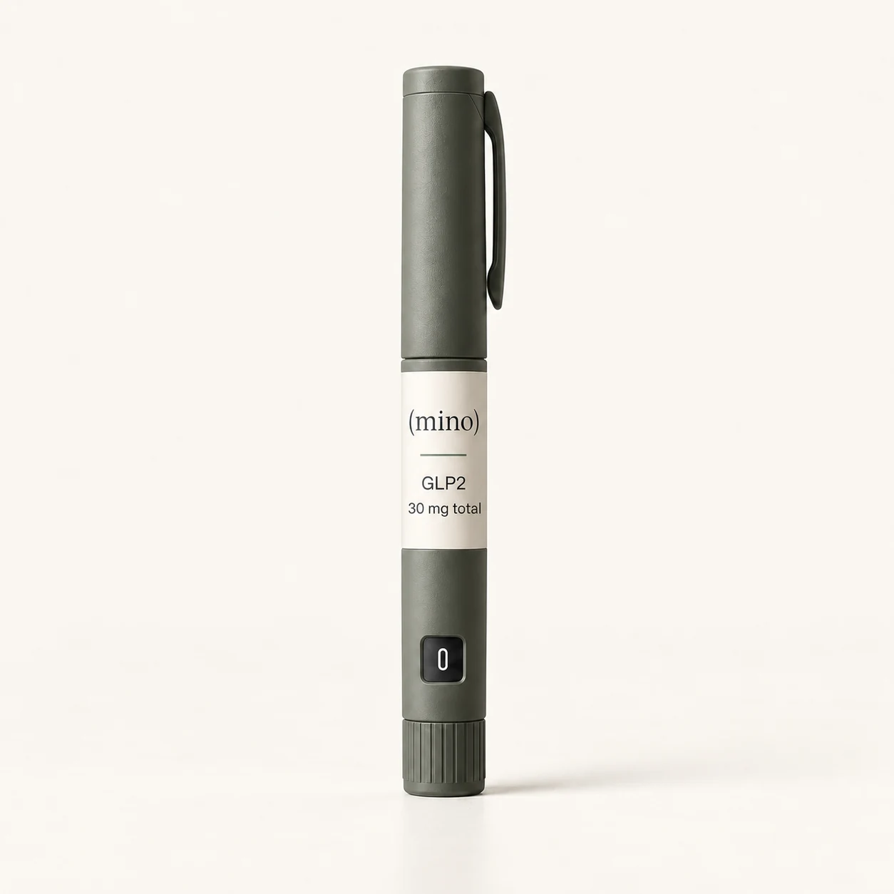 Mino GLP2-T 30 mg prefilled dosing pen, photographed against a plain studio backdrop.