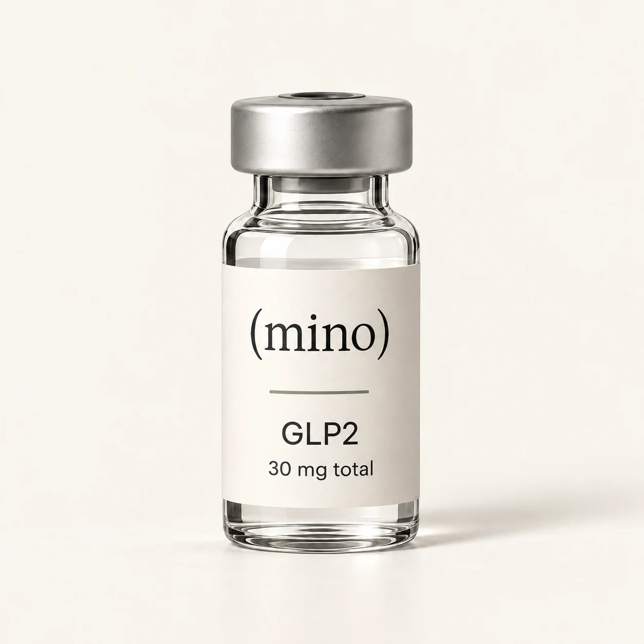 Mino GLP3-RT 30 mg single-patient vial, photographed against a plain studio backdrop.