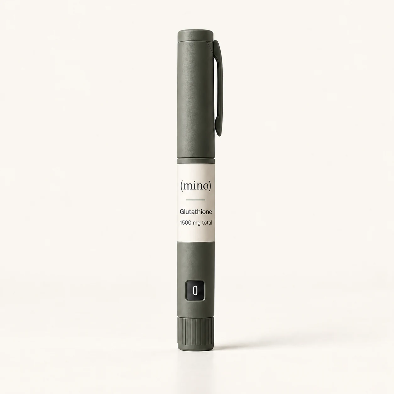 Mino Glutathione 1500 mg prefilled dosing pen, photographed against a plain studio backdrop.