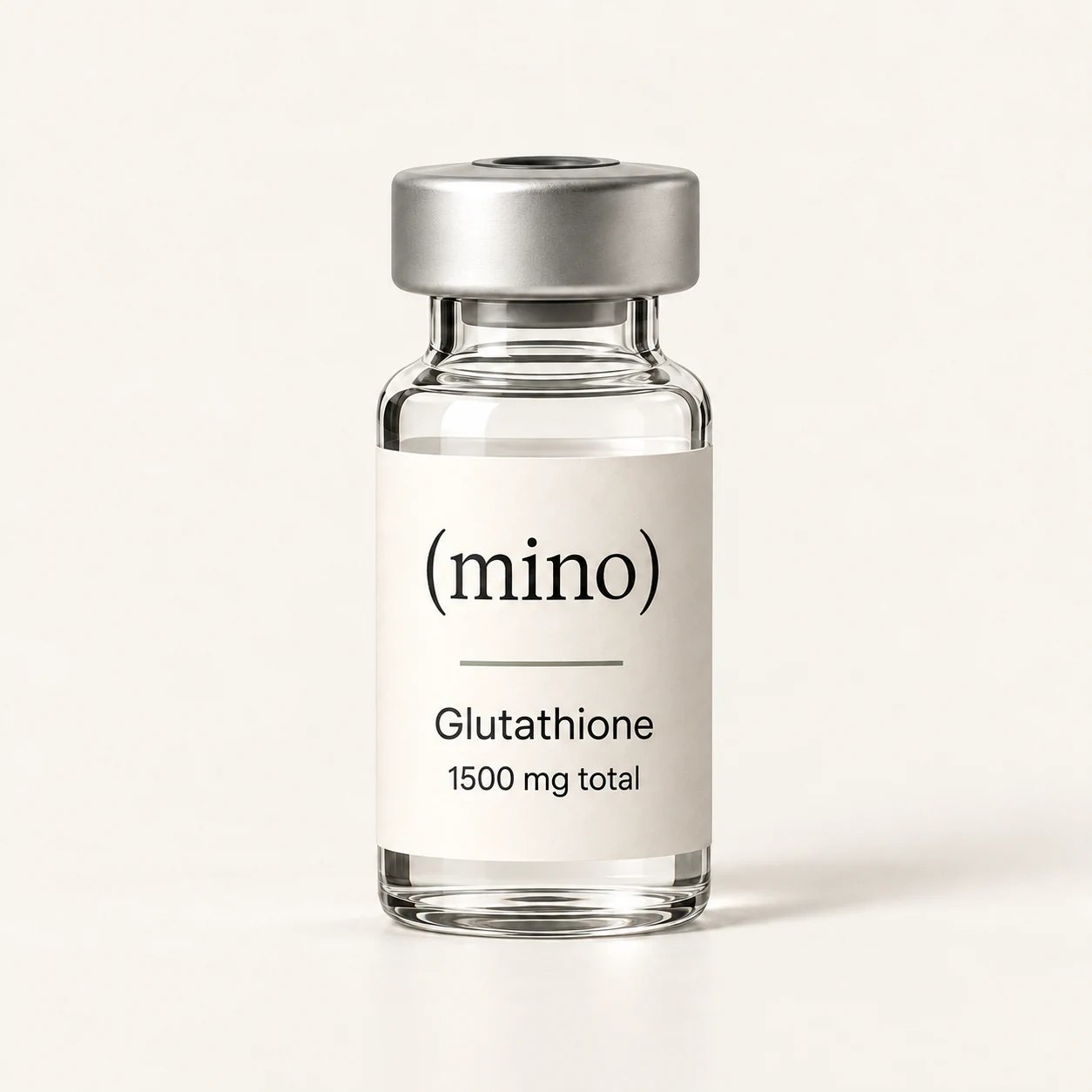 Mino Glutathione 1500 mg single-patient vial, photographed against a plain studio backdrop.