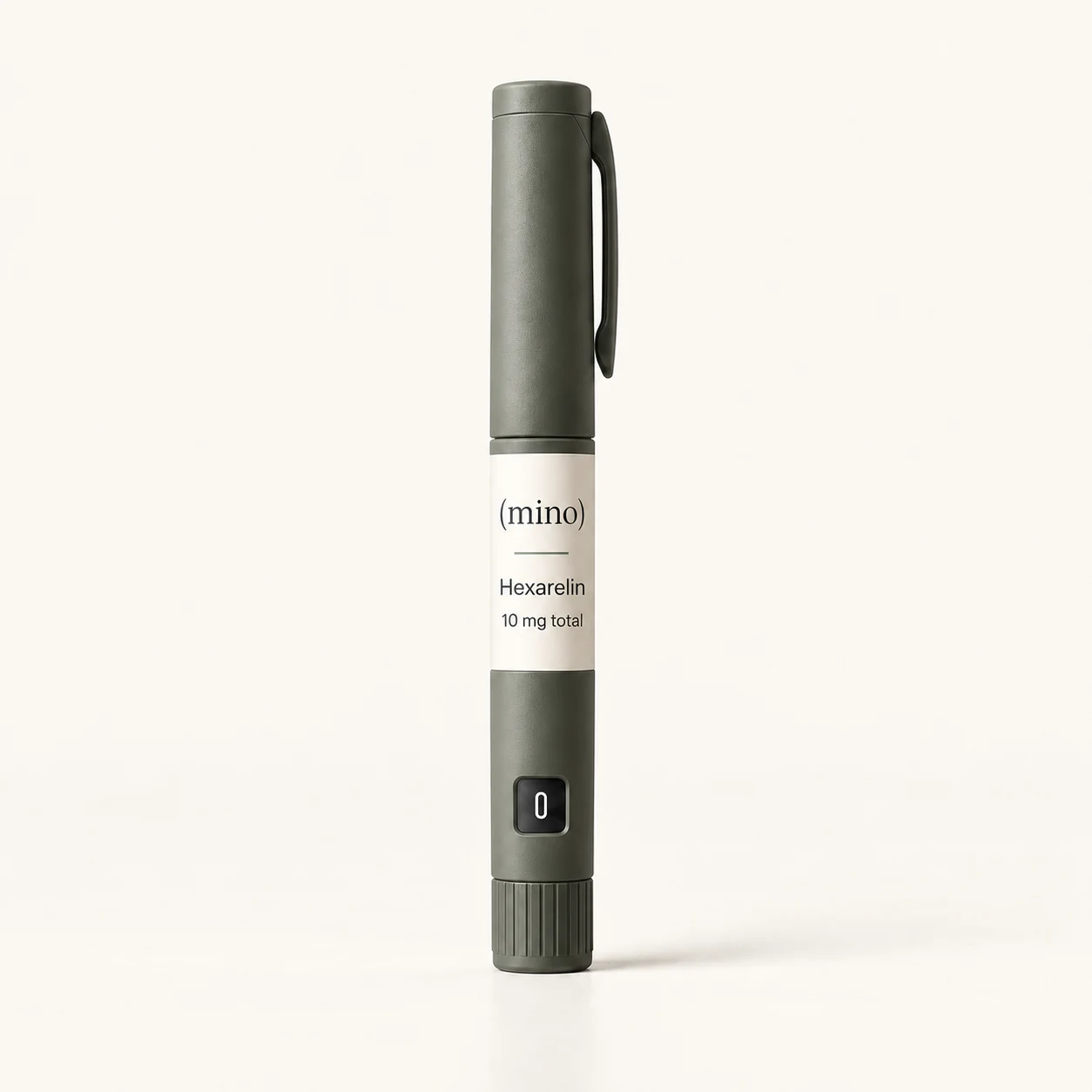 Mino Hexarelin 10 mg prefilled dosing pen, photographed against a plain studio backdrop.