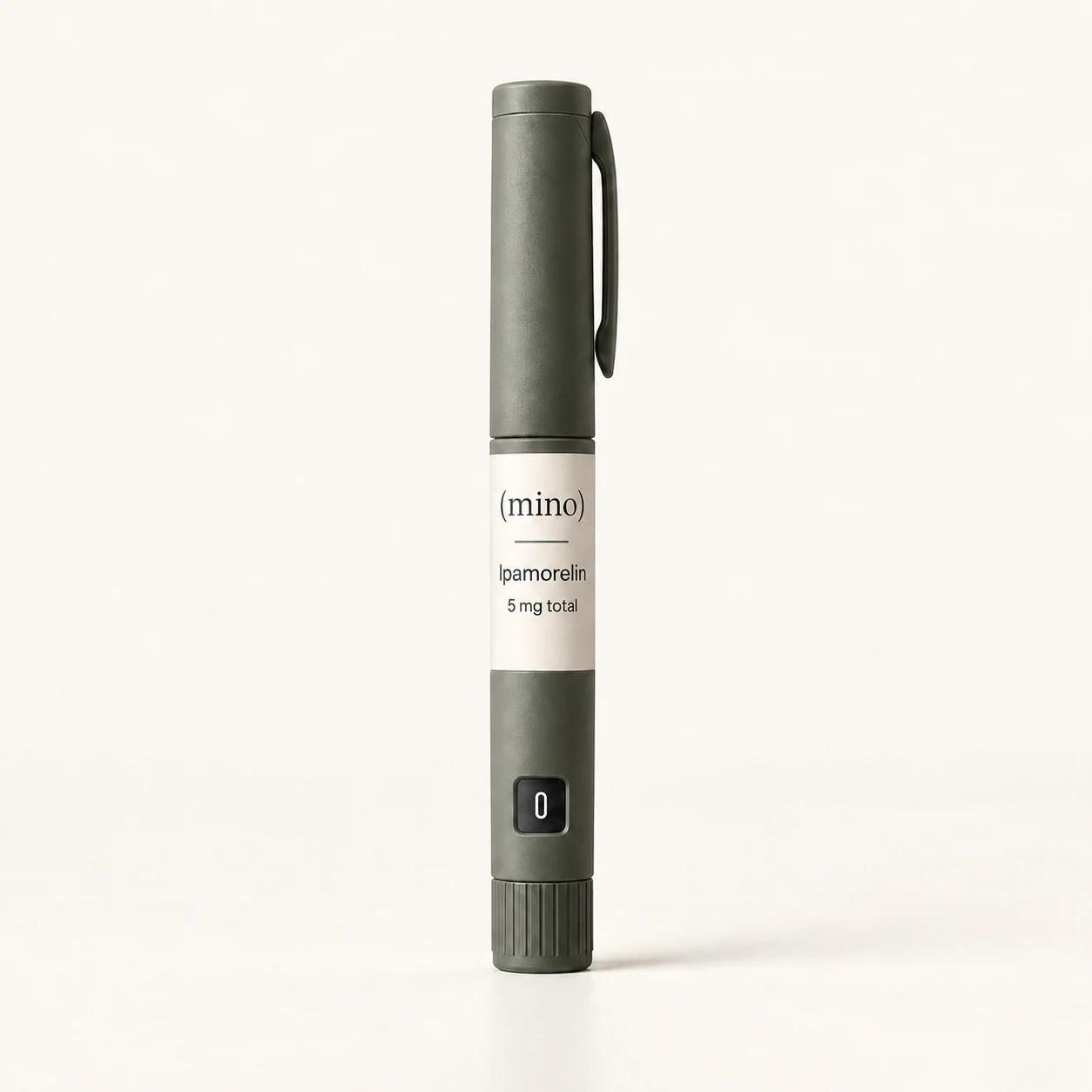 Mino Ipamorelin 5 mg prefilled dosing pen, photographed against a plain studio backdrop.