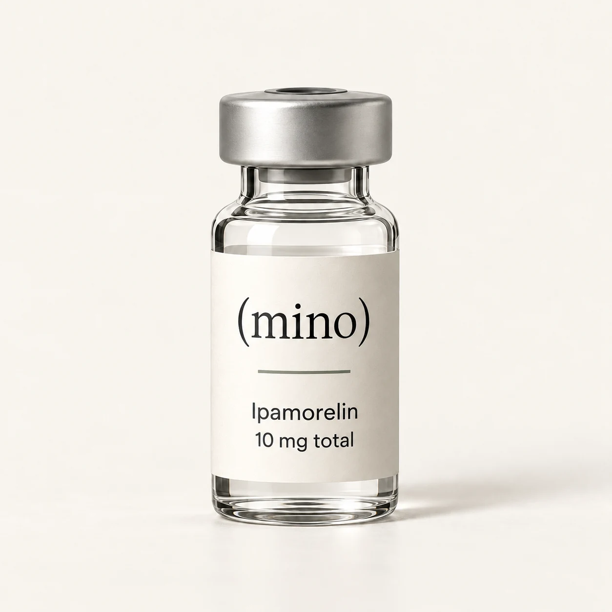 Mino Ipamorelin 10 mg single-patient vial, photographed against a plain studio backdrop.