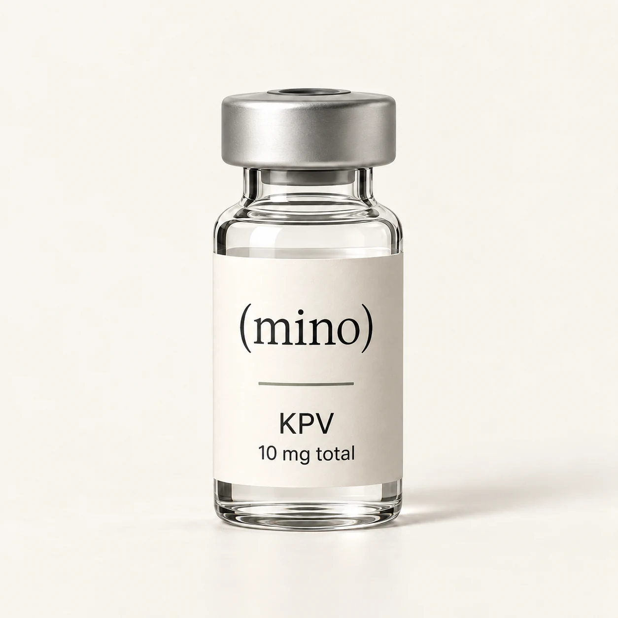 Mino KPV 10 mg single-patient vial, photographed against a plain studio backdrop.