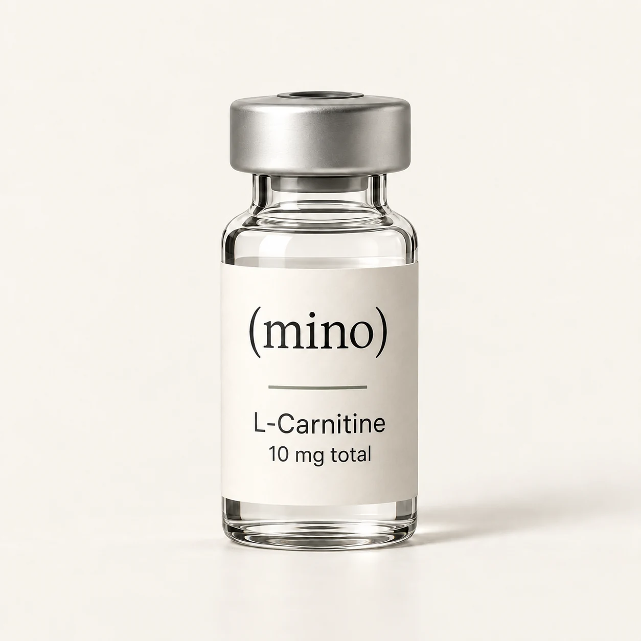 Mino L-Carnitine 10 mg single-patient vial, photographed against a plain studio backdrop.