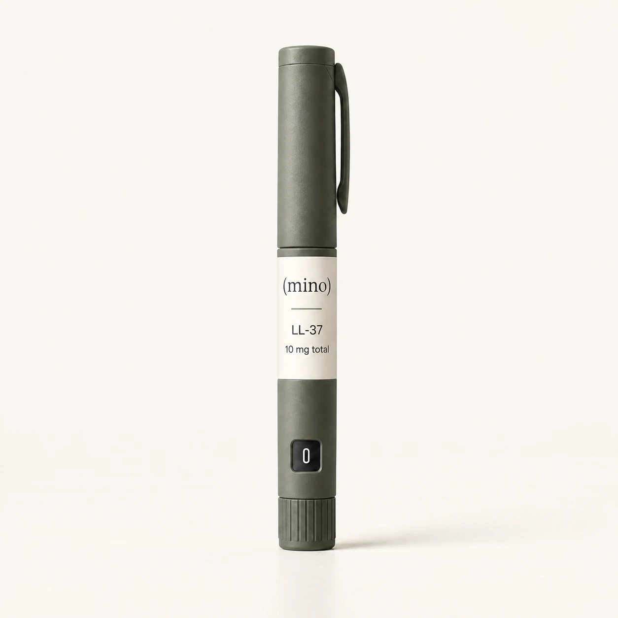 Mino LL-37 10 mg prefilled dosing pen, photographed against a plain studio backdrop.