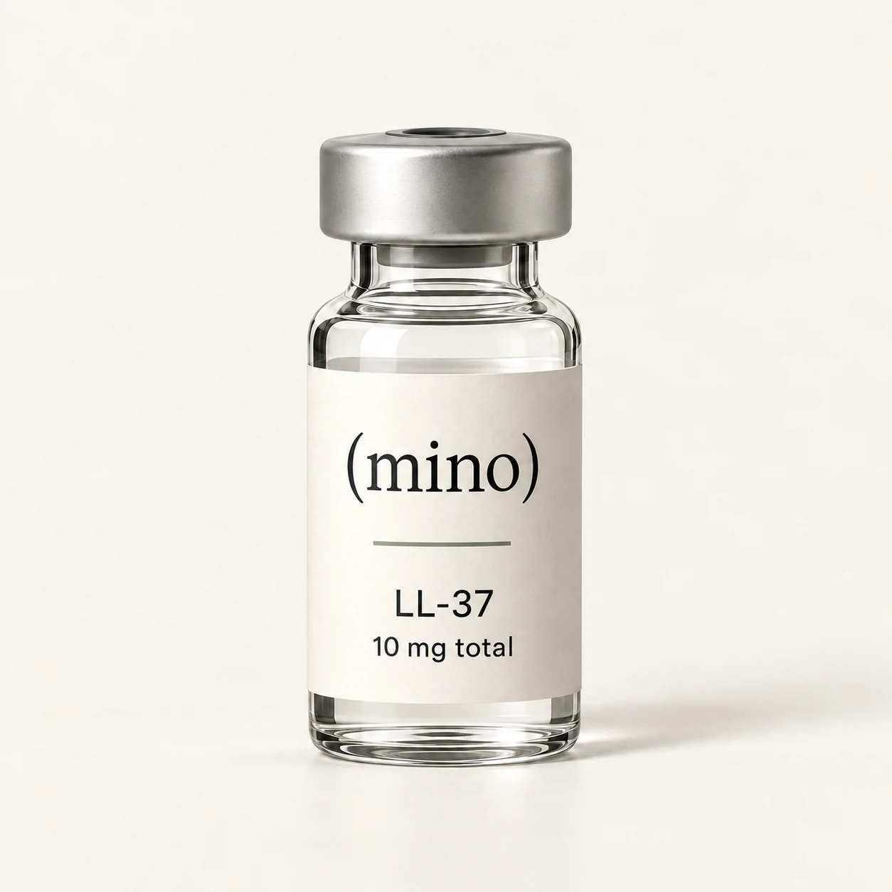 Mino LL-37 10 mg single-patient vial, photographed against a plain studio backdrop.