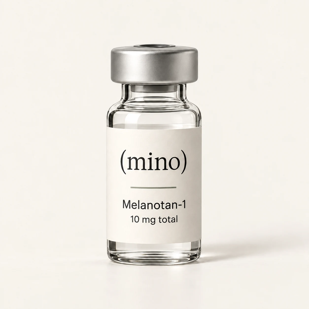 Mino Melanotan-1 10 mg single-patient vial, photographed against a plain studio backdrop.