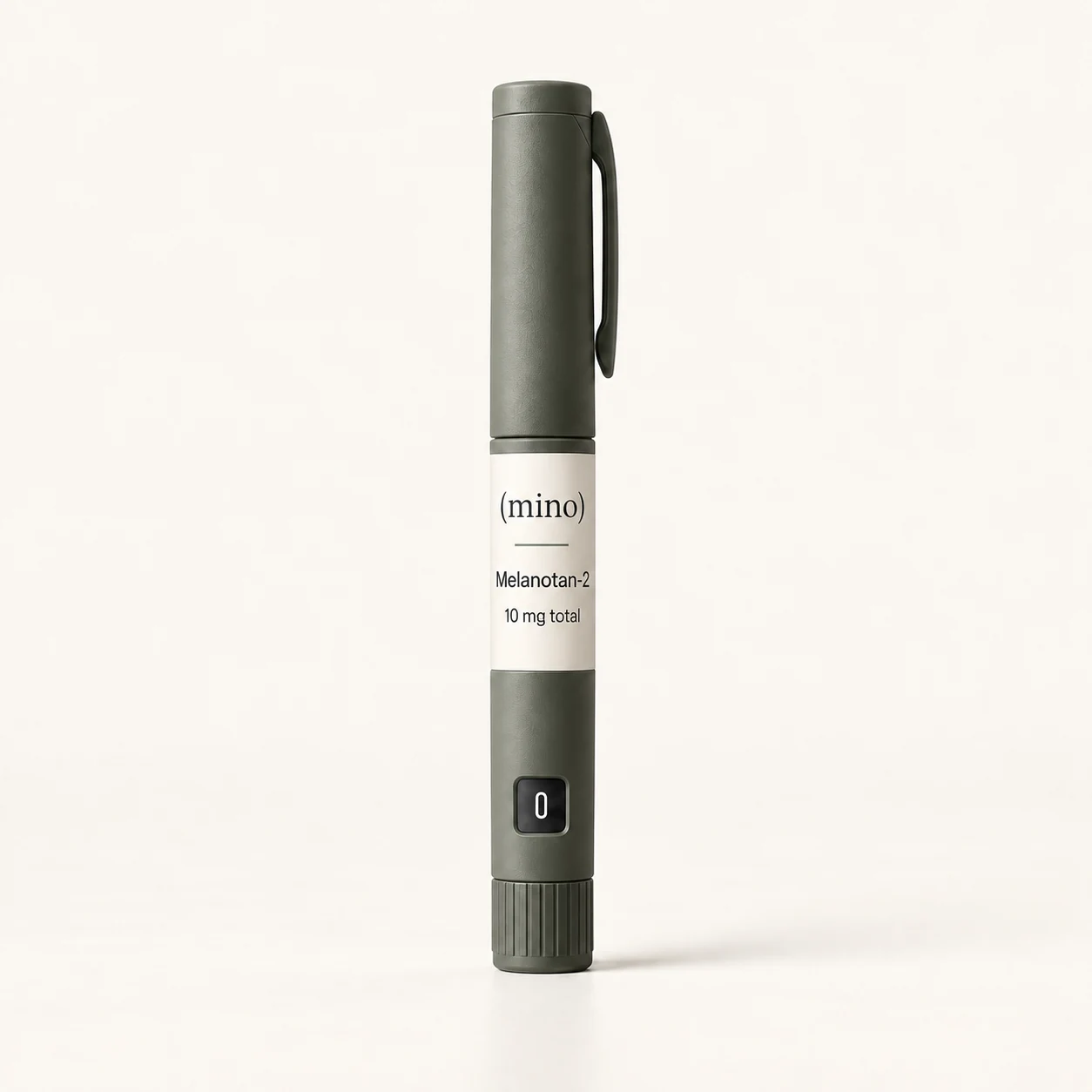 Mino Melanotan-2 10 mg prefilled dosing pen, photographed against a plain studio backdrop.