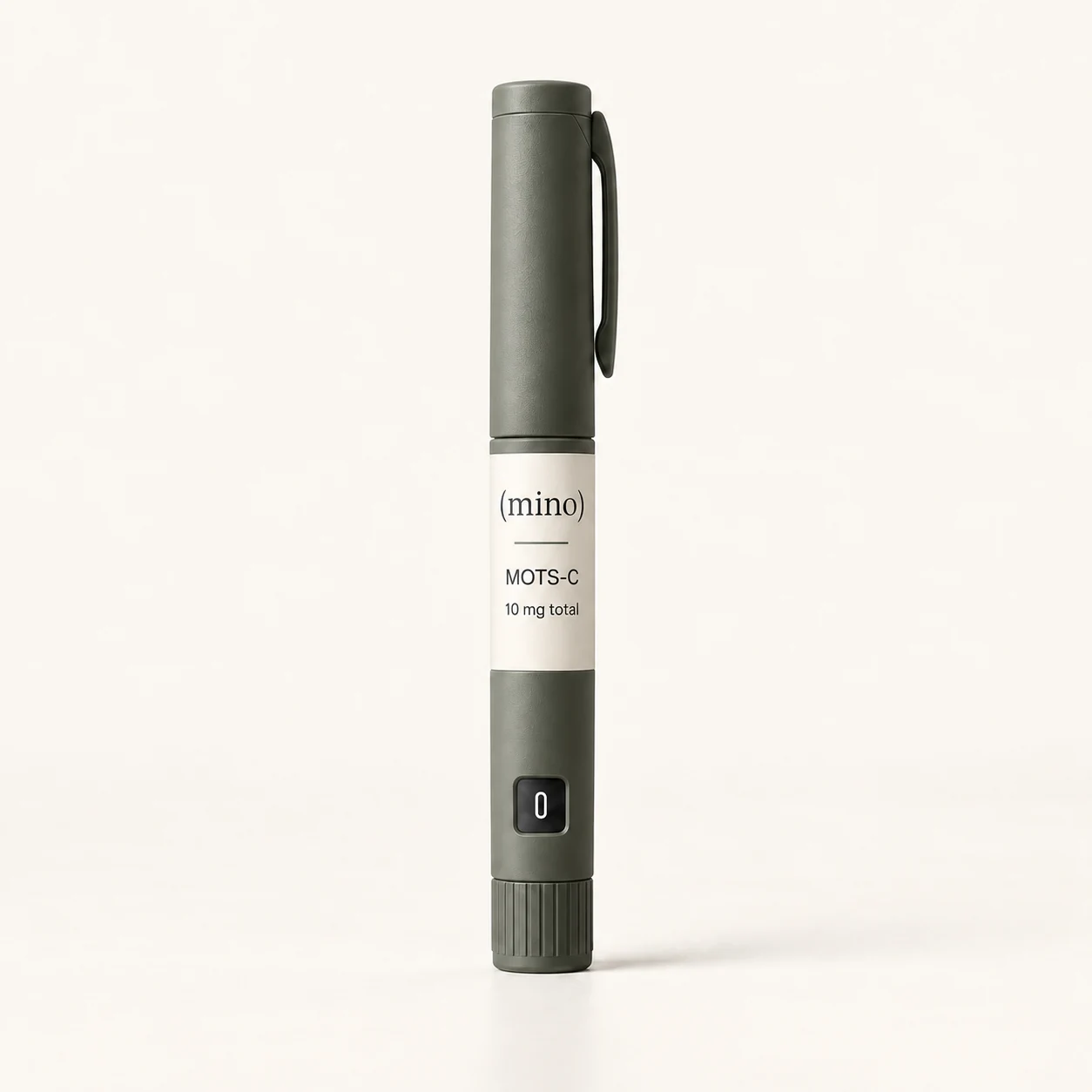Mino MOTS-C 10 mg prefilled dosing pen, photographed against a plain studio backdrop.
