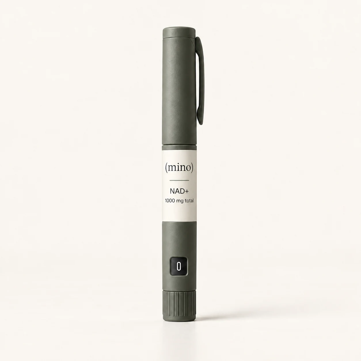 Mino NAD+ 1600 mg prefilled dosing pen, photographed against a plain studio backdrop.
