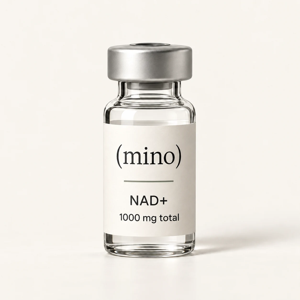 Mino NAD+ 1000 mg single-patient vial, photographed against a plain studio backdrop.