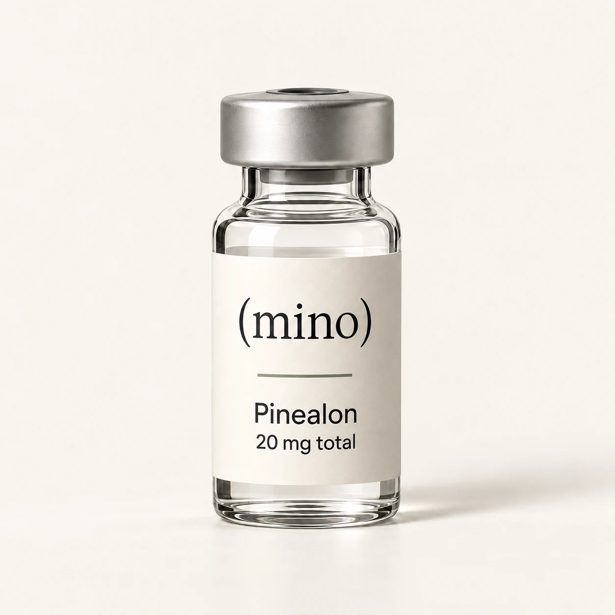 Mino Pinealon 20 mg single-patient vial, photographed against a plain studio backdrop.