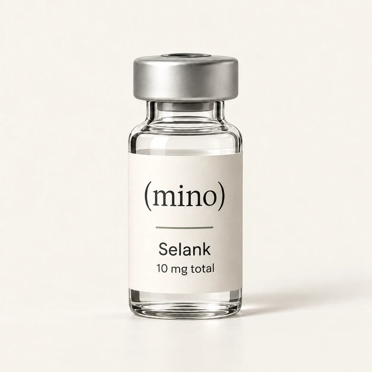 Mino Selank 10 mg single-patient vial, photographed against a plain studio backdrop.