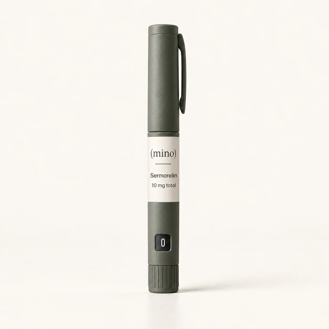 Mino Sermorelin 10 mg prefilled dosing pen, photographed against a plain studio backdrop.
