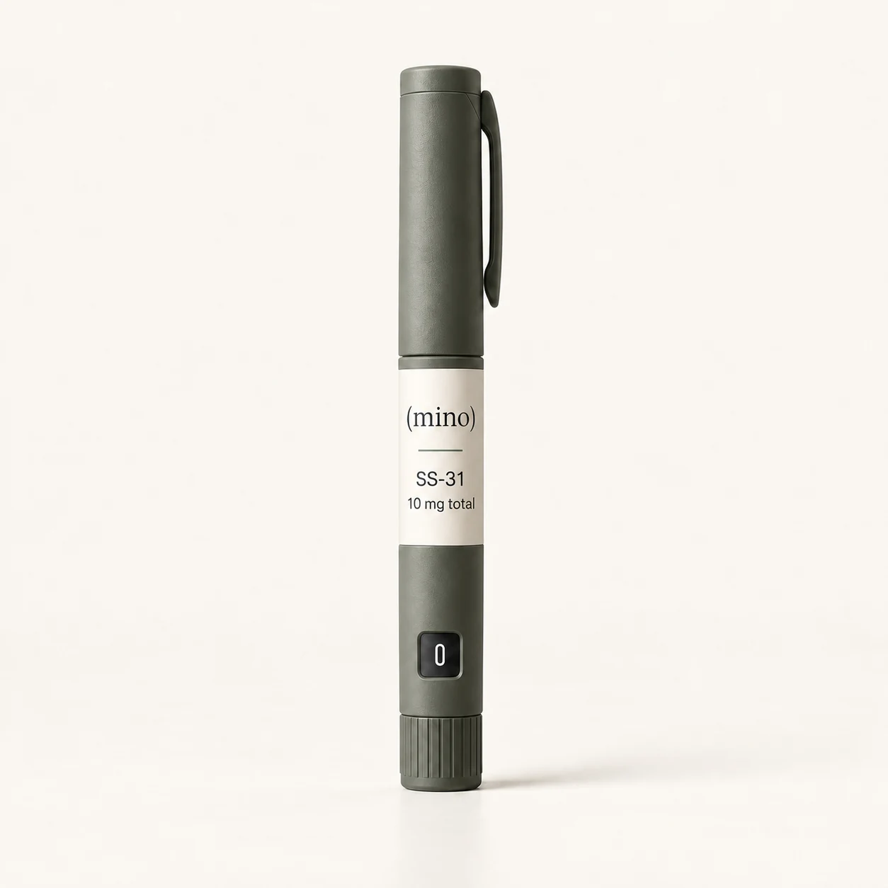 Mino SS-31 10 mg prefilled dosing pen, photographed against a plain studio backdrop.