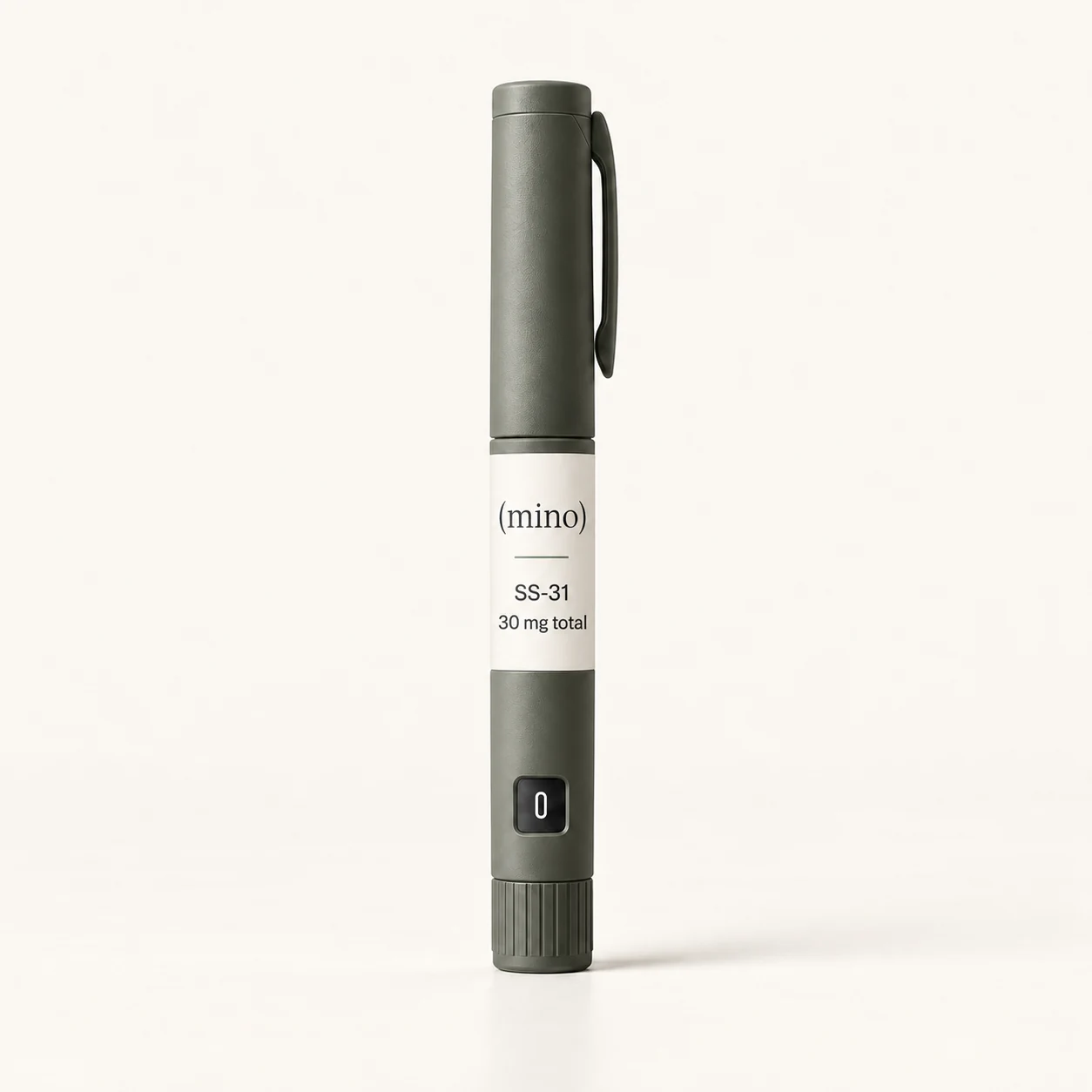 Mino SS-31 30 mg prefilled dosing pen, photographed against a plain studio backdrop.