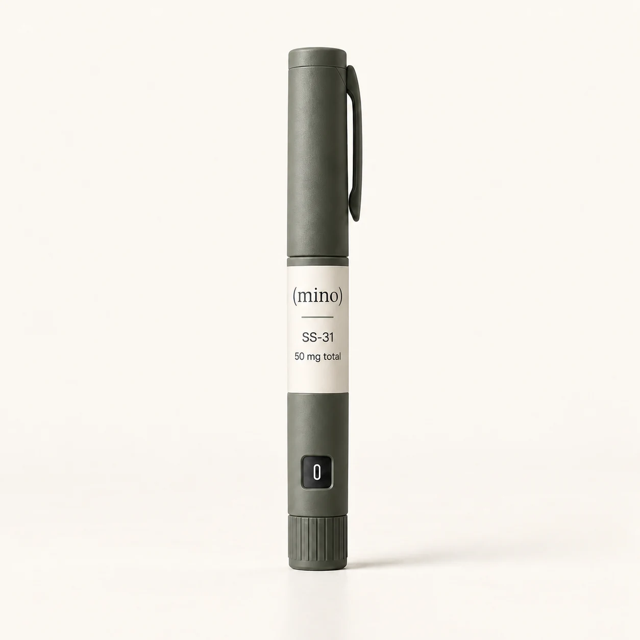 Mino SS-31 50 mg prefilled dosing pen, photographed against a plain studio backdrop.