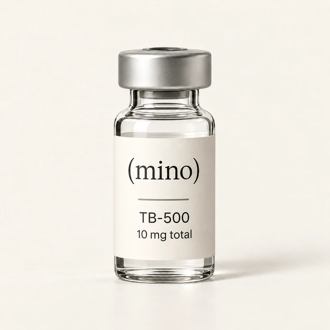 Mino TB-500 10 mg single-patient vial, photographed against a plain studio backdrop.
