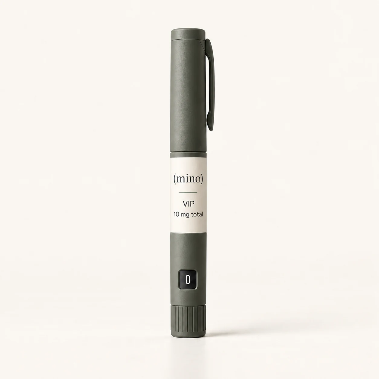 Mino VIP 10 mg prefilled dosing pen, photographed against a plain studio backdrop.