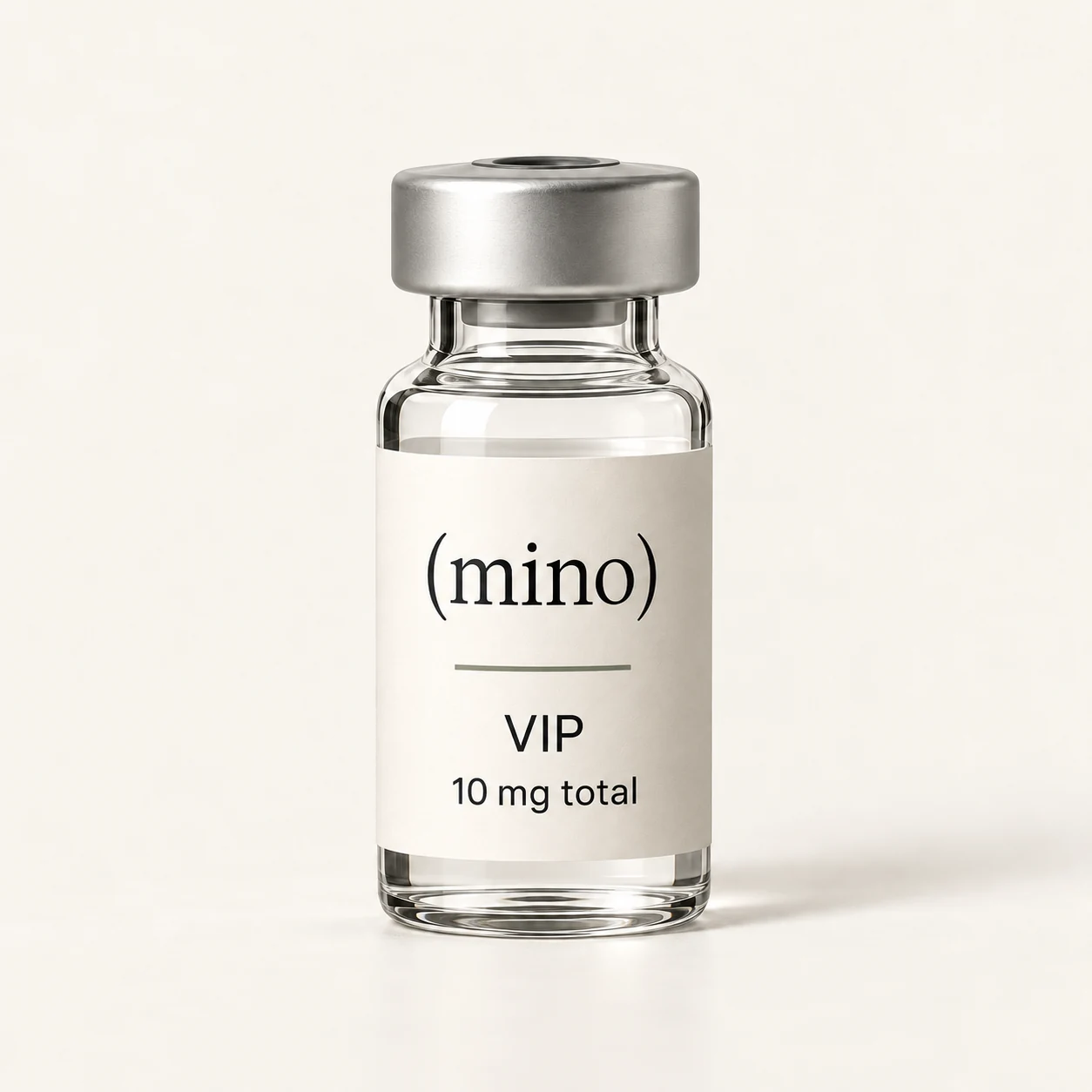 Mino VIP 10 mg single-patient vial, photographed against a plain studio backdrop.