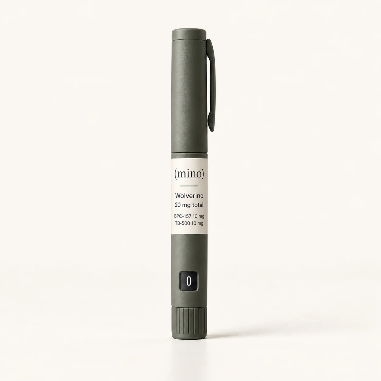 Mino Wolverine (BPC-157 / TB-500) 10 + 10 mg prefilled dosing pen, photographed against a plain studio backdrop.