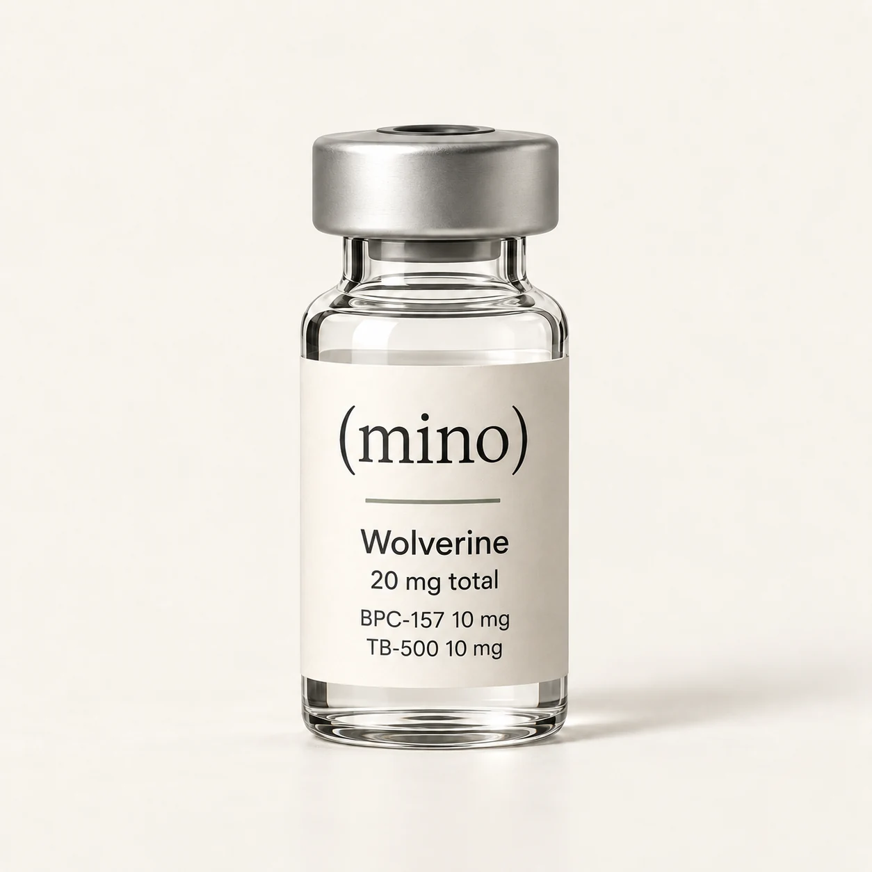 Mino Wolverine (BPC-157 / TB-500) 10 + 10 mg single-patient vial, photographed against a plain studio backdrop.